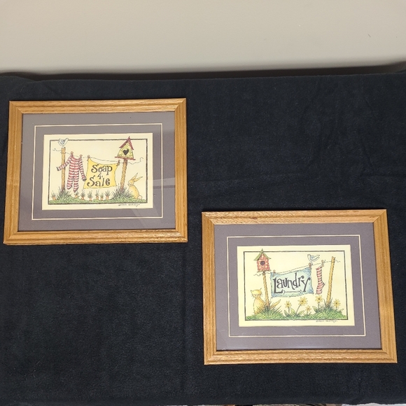 Vintage Pair of Laundry Room Prints in Wood Frames by Beth Yarbrough - Picture 1 of 5